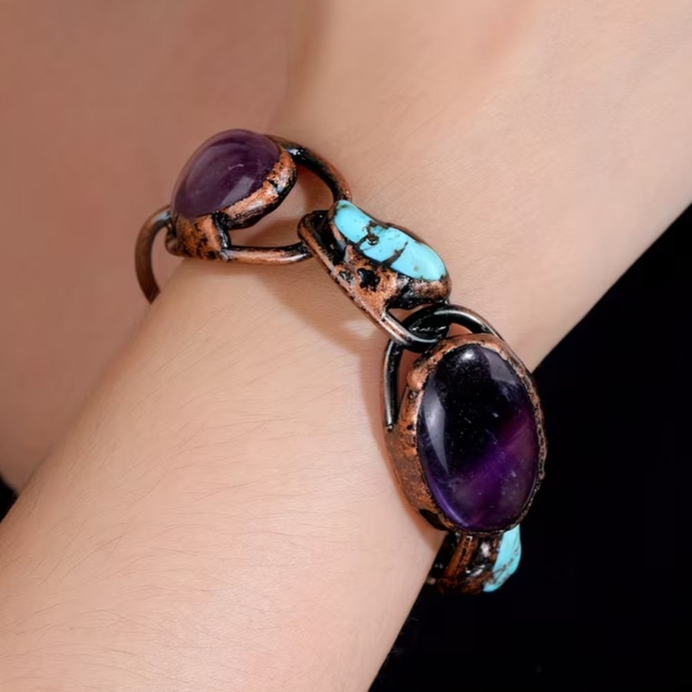 Turquoise and Amethyst bronze Bracelet - Picture 6 of 12
